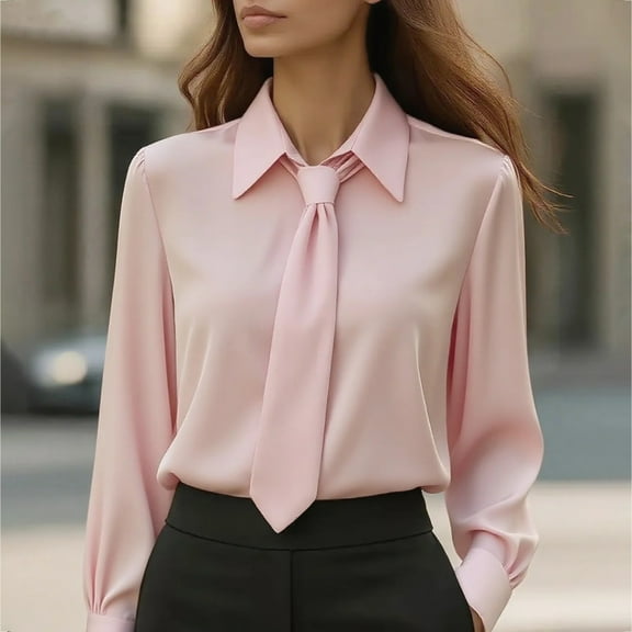 HLKJKLS Winter Clothing For Women Long Sleeve Satin Button Down Casual Business Blouse Fall Clothes Polyester Fiber Pink S-Xxl