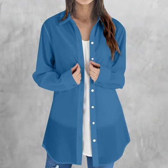HLKJKLS Winter Clothing For Women Long Sleeve Solid Color V Neck Loose Tunic Blouse Cotton Blend Breathable Comfortable Casual Stylish Blue S-3Xl