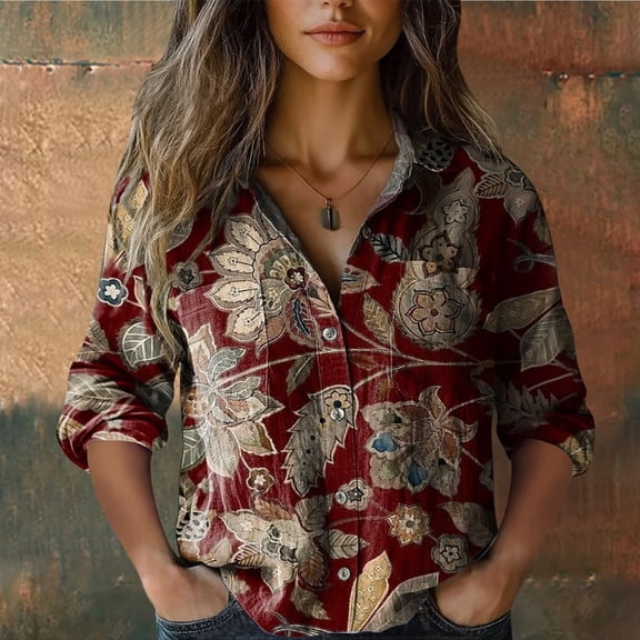 HLKJKLS Winter Clothing For Women Printed Button Up Casual Top Seven-Quarter Sleeves Striped V-Neck Wrinkle Resistant Soft Red S-5Xl