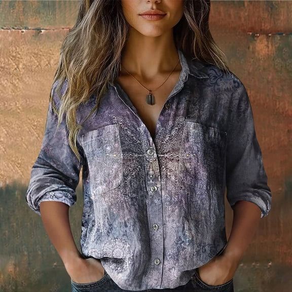 HLKJKLS Winter Clothing For Women Printed Fashionable Button Up Casual Top Seven Quarter Sleeve Bubble Wrinkles Fabric Purple S-5Xl