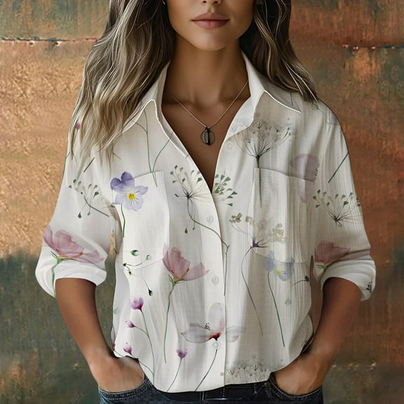 HLKJKLS Winter Clothing For Women Printed Fashionable Button Up Casual Top Seven Quarter Sleeve Bubble Wrinkles Fabric White S-5Xl