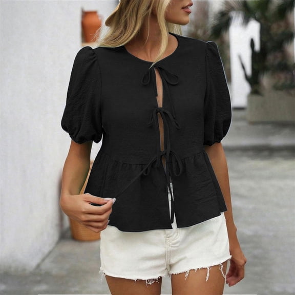 HLKJKLS Winter Clothing For Women Puff Sleeve Tie Front Peplum Crewneck Lightweight Breathable Casual Business Blouse Black Xs-Xxl