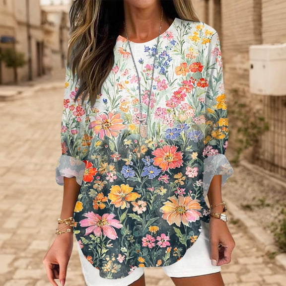 HLKJKLS Winter Clothing For Women Retro Art Floral Print Round Neck Long Sleeve Shirt Polyester Loose Casual Blue S-3Xl