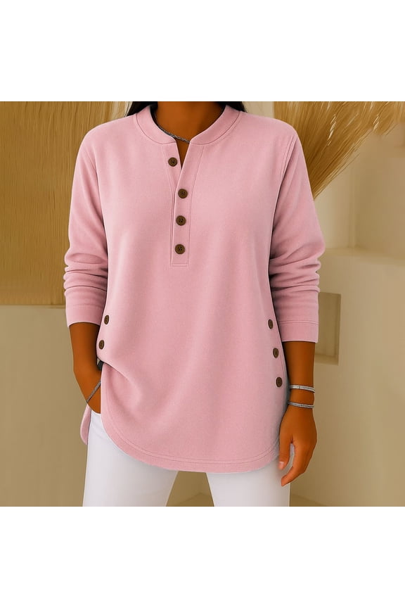 Winter Clothing For Women Reversible German Fleece V Neck Solid Color Button Pullover Long Sleeve Pink S-3Xl