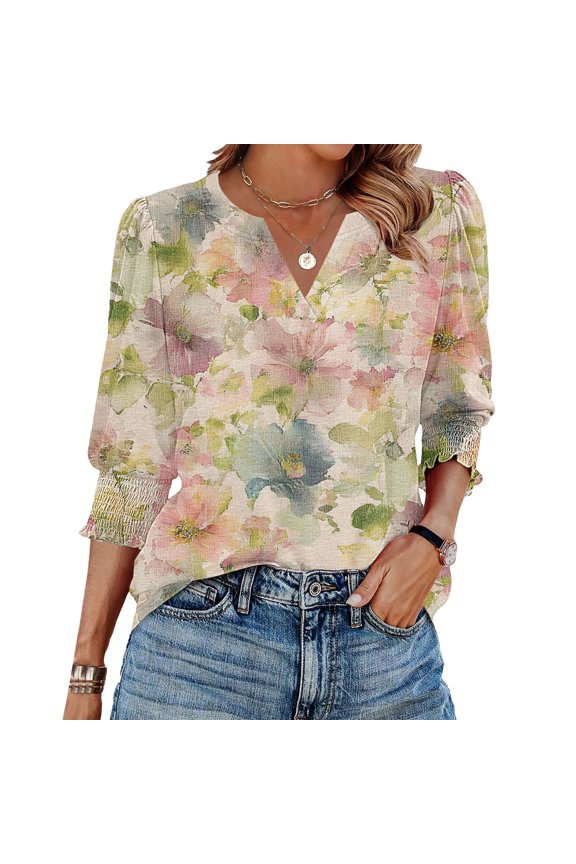 Winter Clothing For Women V Neck 3/4 Sleeve Casual Blouse Puff Cuff Polyester Spandex Outfit Yellow S-3Xl