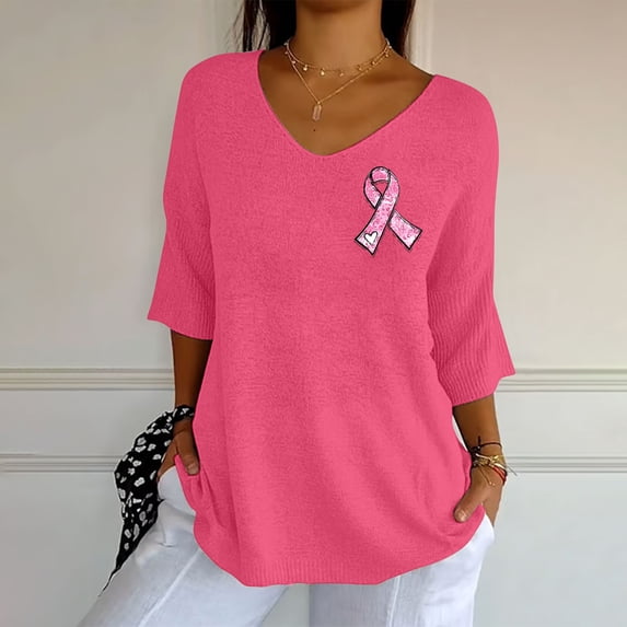 HLKJKLS Winter Clothing For Women V Neck Awareness Printed Mid Sleeve Shirt Polyester Casual Elastic Breast Cancer Pink S-3Xl