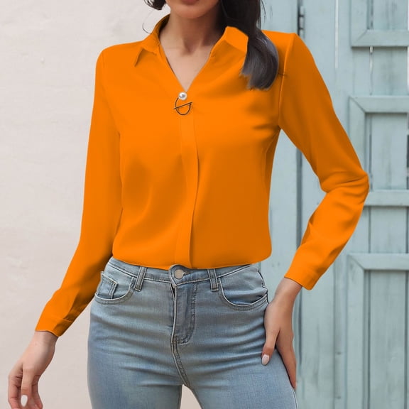 HLKJKLS Winter Clothing For Women V Neck Satin Imitation Business Shirt Long Sleeve Buttonless Casual Elegant Orange S-Xxl