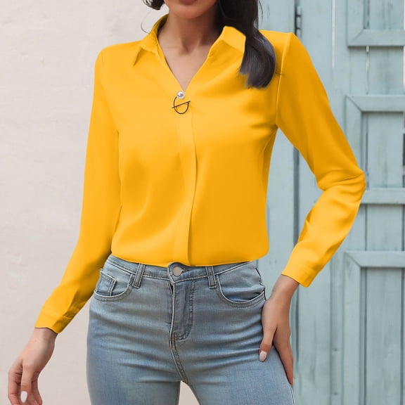 HLKJKLS Winter Clothing For Women V Neck Satin Imitation Business Shirt Long Sleeve Buttonless Casual Elegant Yellow S-Xxl