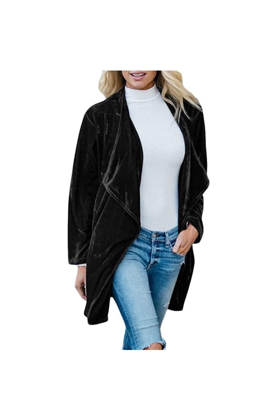 Winter Clothing For Women Velvet Open Front Cardigan Coat With Pockets Long Sleeve Polyester Spandex Black S-Xxl