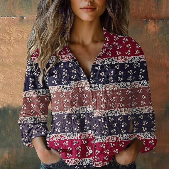 HLKJKLS Winter Clothing For Women Wrinkle Resistant Long Sleeve Button Down Striped V-Neck Bubble Wrinkles Casual Fashion Red S-5Xl