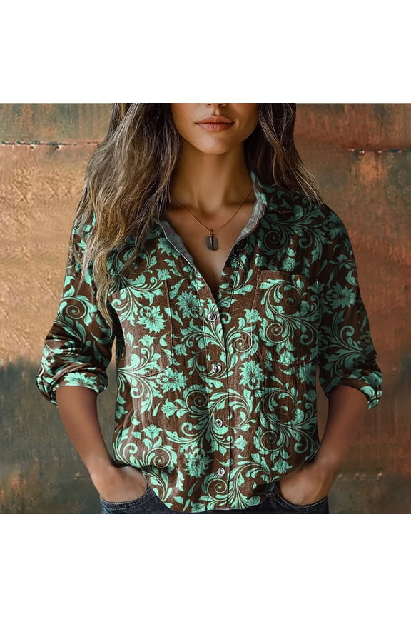 Winter Clothing For Women Wrinkle Resistant Printed Button Up Casual Top Seven Quarter Sleeve Bubble Wrinkles Green S-5Xl