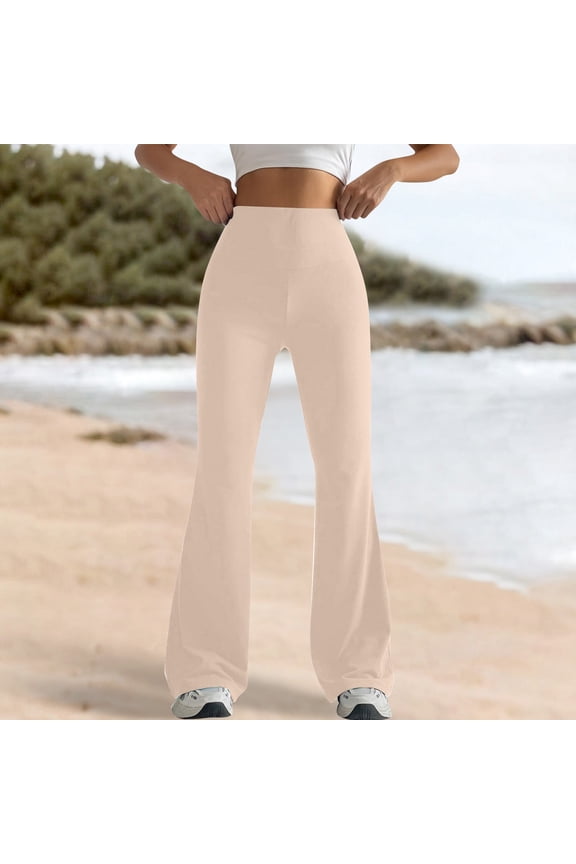 Yoga Pants Women High Waisted Solid Flared Leggings Active Workout Yoga Pants Trousers Stretchy Polyester Spandex Beige S-Xxl