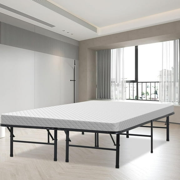 HLL 14 Inch Metal Bed Frame Folding Bed Frame Heavy Duty Steel Slat Platform Bed Frame Mattress Foundation Box Spring Replacement Noise-Free Easy Assembly,Black Full