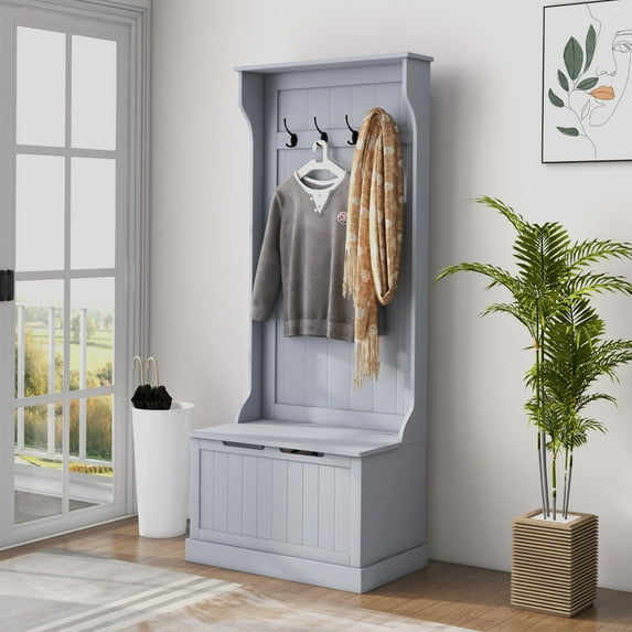 HLL 3-In-1 Hall Tree with Shoe Storage, Standing Coat Rack with Shoe Bench, Entryway Organizer with Four Hooks, (Gray)