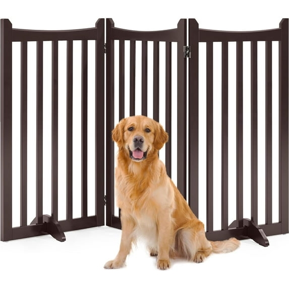 HLL 36" H Extra Tall Freestanding Pet Gate 3-Panel Wooden Dog Fence with 2 Support Feet Folding Dog Gate for Indoor, Stairs, Doorways, Halls, Kitchen Wooden Pet Barrier Espresso, 60" L x 36" H