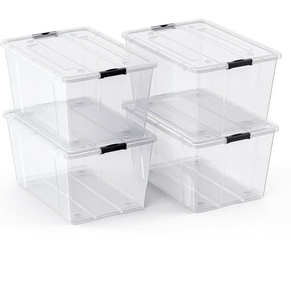 HLL 4 PACK 75 Qt. Plastic Storage Bin Tote Organizing Container with Ultra Durable Lid & Secure Latching Buckles Stackable Extra Strength Clear w/Black Handle