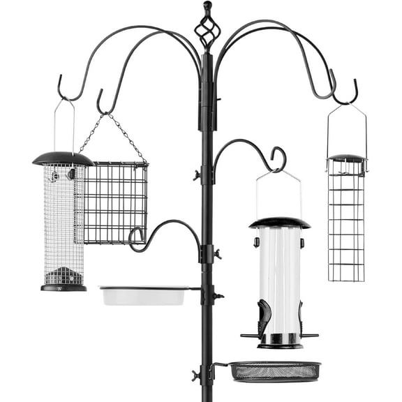 HLL 6-Hook Bird Feeding Station, Steel Multi-Feeder Kit Stand for Attracting Wild Birds w/ 4 Bird Feeders, Mesh Tray, Bird Bath, 5-Prong Base - Black