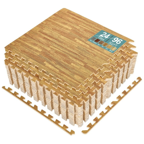 HLL 96 square feet wood grain floor tile, 24 interlocking EVA foam pads Home Playroom Basement, Apartment, Trade Show, Baby, Dance(Light Wood)