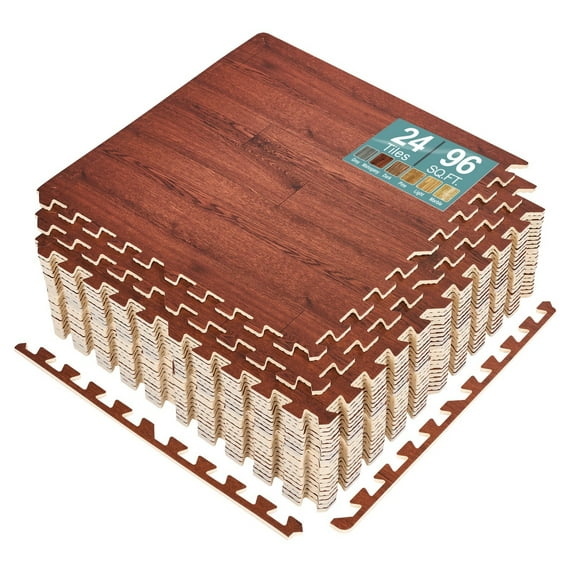 HLL 96 square feet wood grain floor tile, 24 interlocking EVA foam pads Home Playroom Basement, Apartment, Trade Show, Baby, Dance(Mahogany)