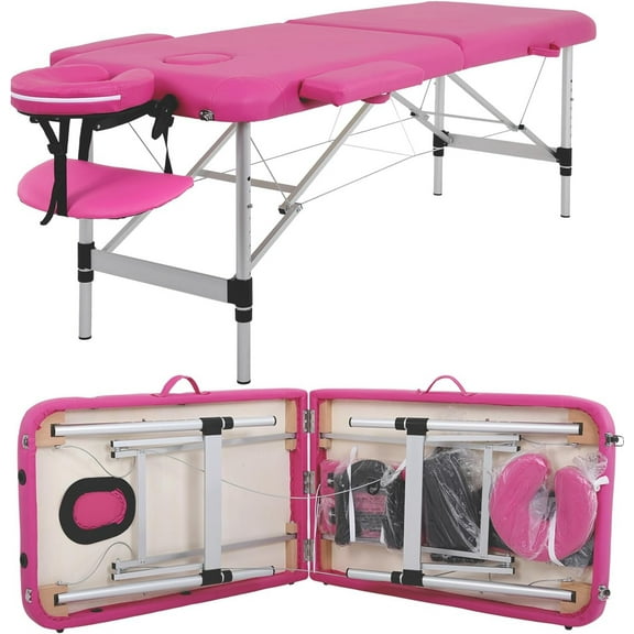 HLL Aluminium Massage Bed Portable Massage Table 24 inche Wide Lash Bed 2 Folding Heigh Adjustable Spa Table with Non-Woven Bag for Spa Footmassage Facial CareSpa Tattoo,Pink