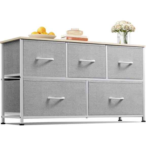 HLL Dresser for Bedroom with 5 Drawers, Wide Chest of Drawers, Fabric Dresser, Storage Organization Unit with Fabric Bins for Closet, Living Room, Hallway, Light Grey
