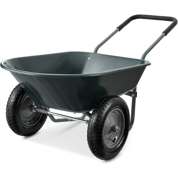 HLL Dual-Wheel Home Utility Yard Wheelbarrow Garden Cart w/Built-in Stand for Lawn, Gardening, Construction - Dark Gray