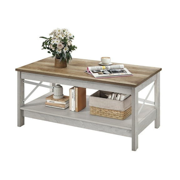 HLL Farmhouse Coffee Table with Storage 2-Tier Center for Living Room White Modern Contemporary Rectangular MDF Washed（Beige）
