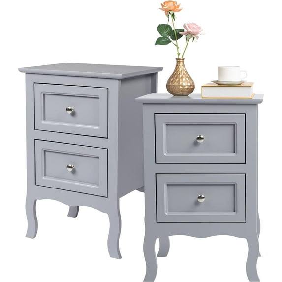 HLL Gray Nightstand Set of 2, Nightstands with 2 Drawers, Bed Side Table/Night Stand, Small Nightstand for Bedroom, Small Spaces, College Dorm, Kids’ Room, Living Room, Wood, 16W x 12D x 24H, Grey