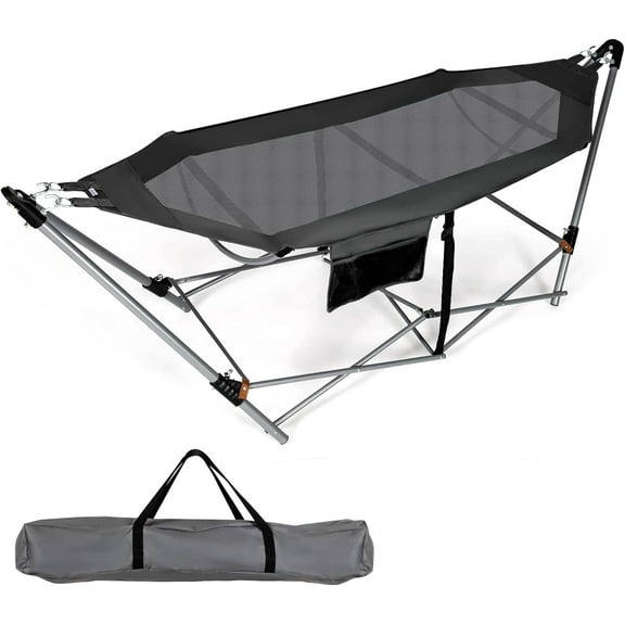 HLL Portable Folding Hammock w/Side Pocket, Lounge Camping Bed w/Metal Stand & Anti-tip Buckles, Outdoor Camping Hammock with Carrying Bag for Patio Garden Yard, Easy Assembly (Grey)