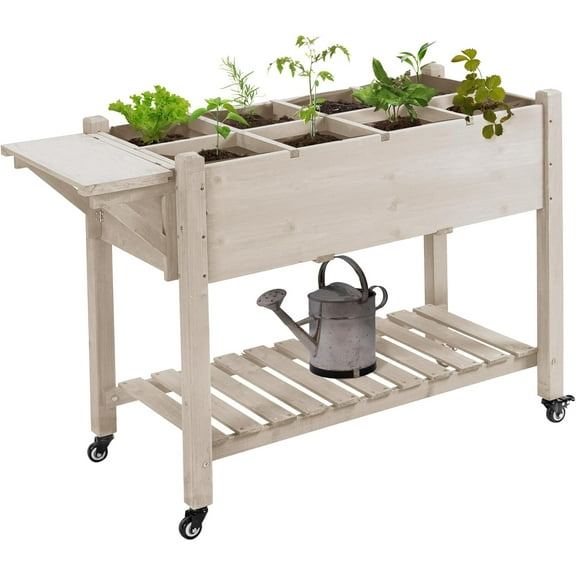 HLL Raised Garden Bed with 8 Grow Grids, Wooden Outdoor Plant Box Stand with Folding Side Table and Wheels, 49" x 21" x 34", for Vegetables, Flowers, Herbs, Natural