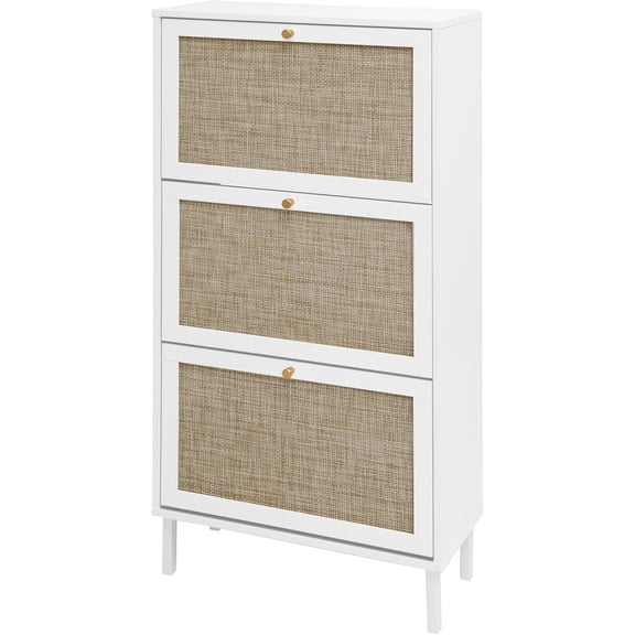 HLL Rattan Shoe Cabinet with 3 Flip Drawers, Narrow Hidden Shoe Rack Storage Cabinet for Heels,Slippers, Free Standing Shoe Rack, Entrance Hallway Entryway (White)