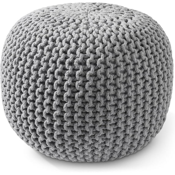 HLL Round Pouf Ottoman, Light Gray - 20" Diameter x 14.5" High Cotton Knit Foot Stool - Boho Floor Pouffe for Living Room, Bedroom, Home Office