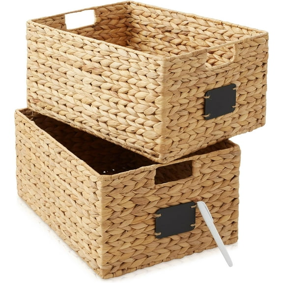 HLL Set of 2 Water Hyacinth Pantry Baskets, 12-1/2" x 17" x 8", with Chalkboard Labels and Chalk Marker - Natural, Woven Storage Bin Organizers for Kitchen Shelves