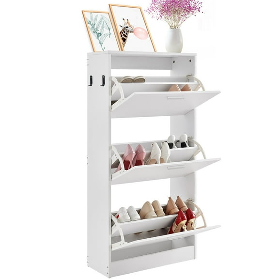 HLL Shoe Cabinet with 3 Flip Drawers, Shoe Storage Cabinet for Entryway, Free Standing Shoe Storage Organizer with Side Hooks for Heels, Boots, Slippers in Hallway, Living Room