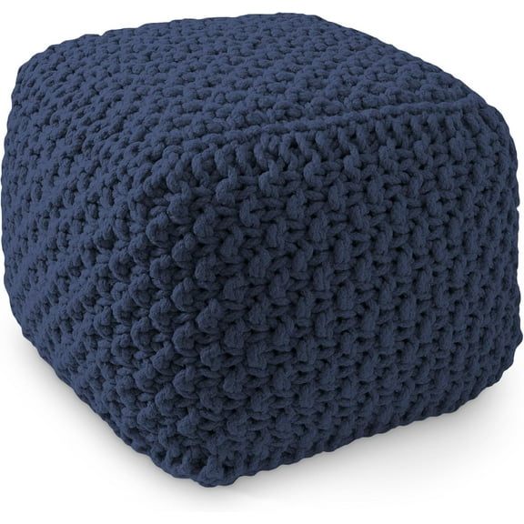 HLL Square Pouf Ottoman, Navy Blue 18.5" W x 18.5" D x 14.5" H Cotton Knit Foot Stool - Boho Floor Pouffe for Living Room, Bedroom, Home Office