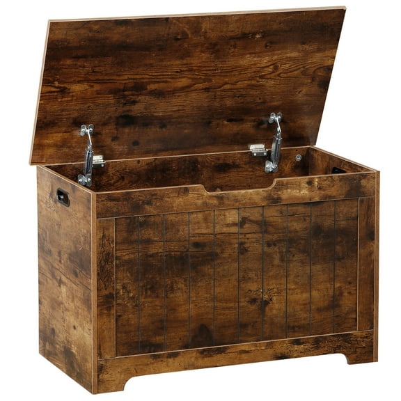HLL Storage Chest, 30 inches Chest Box Organizer with 2 Safety Hinges, Wooden Entryway Storage Bench Rustic Brown