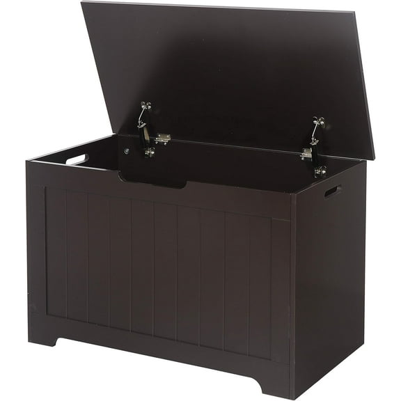 HLL Storage Chest, 30 inches Toy Chest Box Organizer with 2 Safety Hinges, Wooden Entryway Storage Bench, Brown