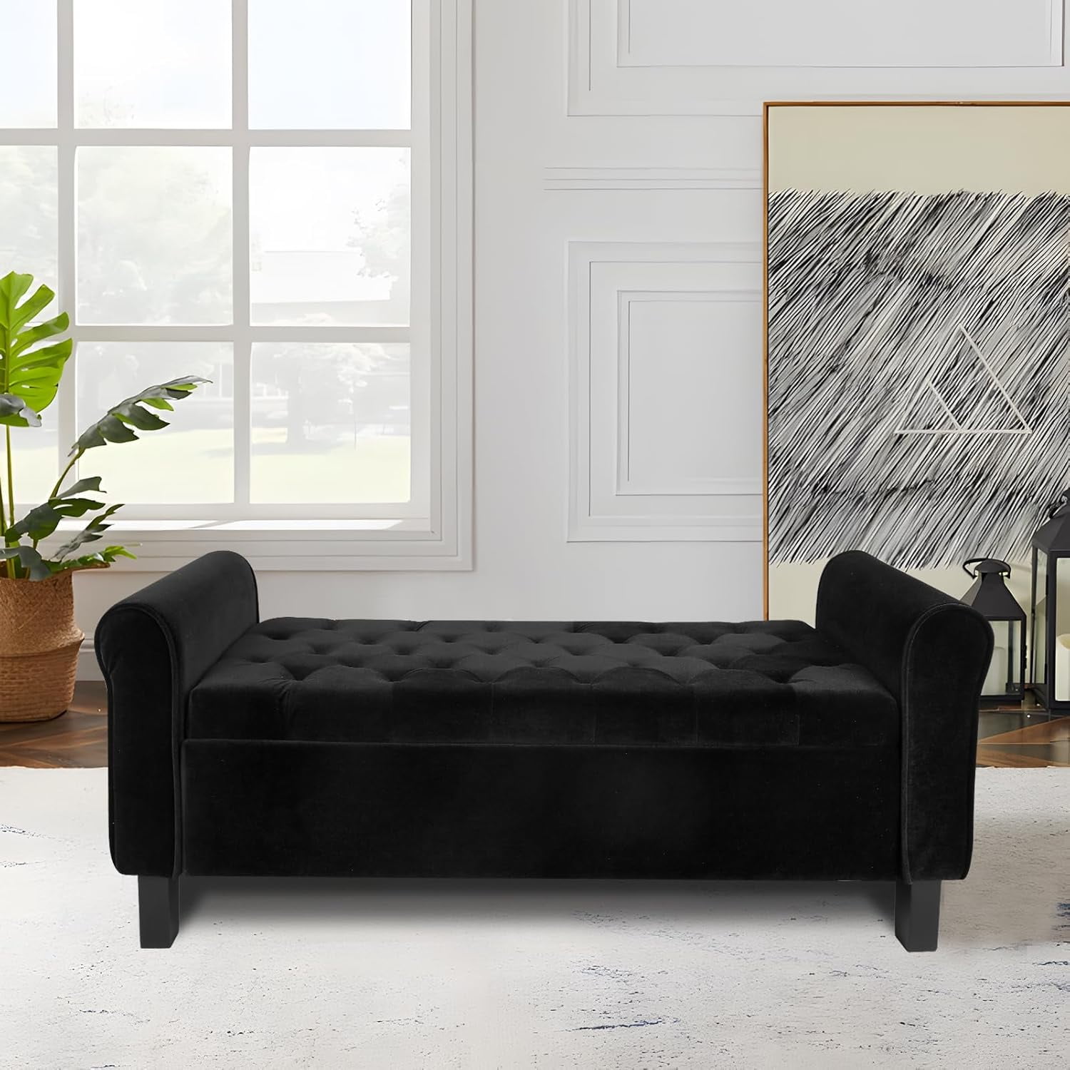 HLL Storage Ottoman Bench with Arms, Velvet End of Bed Bench for Bedroom, Black Button Tufted ...