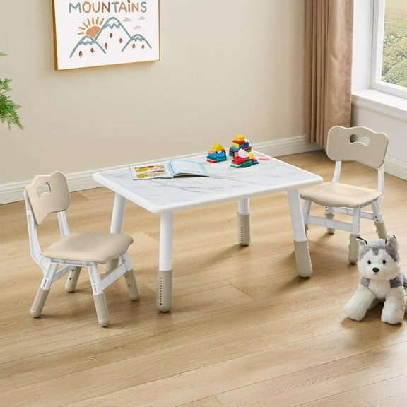 HLL Toddler Table and 2 Chairs Set, Height Adjustable Kids Table and Chair Set, 31.5''L x 23.6''W, Marble Pattern & Graffiti Desktop, Children Multi-Activity Table for Home/Daycare/Classroom Natural