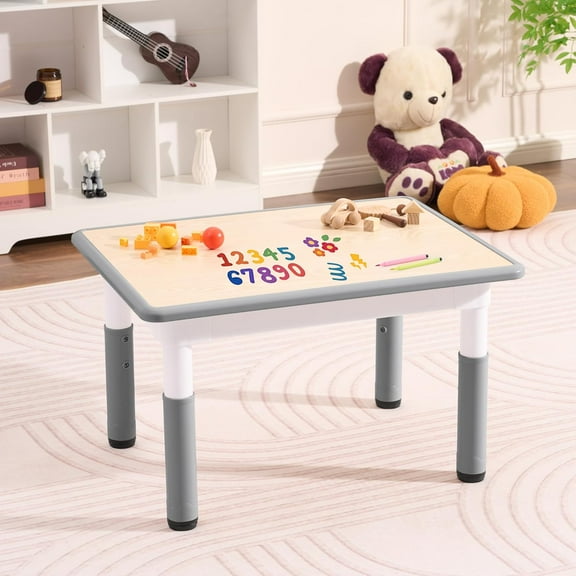 HLL Toddler Table, 7 Level Height Adjustable Kids Play Furniture for Ages 3-8, Rectangular Plastic, 23.6" W x31.5 L, Multi-Activity Desk with Graffiti Desktop for Home & Daycare Grey-w