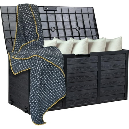 HLL Upgraded 75 Gallon Outdoor Storage Box, Lockable Plastic Storage Containers with Lid, Patio Deck Box Furniture for Garden, Pool, Balcony, Yard (Full Black)