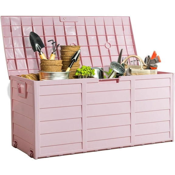 HLL Upgraded 75 Gallon Outdoor Storage Box, Lockable Plastic Storage Containers with Lid, Patio Deck Box Furniture for Garden, Pool, Balcony, Yard (Light Pink)