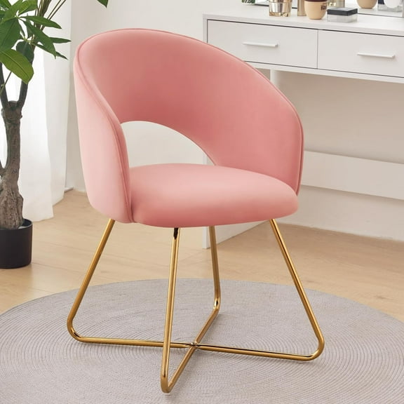 HLL Velvet Vanity Chair with Curved Back, Upholstered Barrel Desk Chair with Gold Legs, Mid Century Modern Accent Chair for Living Room, Dressing Room, Bedroom, Pink