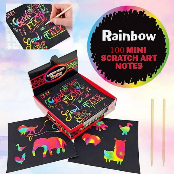 HLONK 100 Pcs Scratch Art for Kids, Rainbow Scratch Paper, Mini Scratch Note Art Set with Wooden Stylus and Drawing Stencils