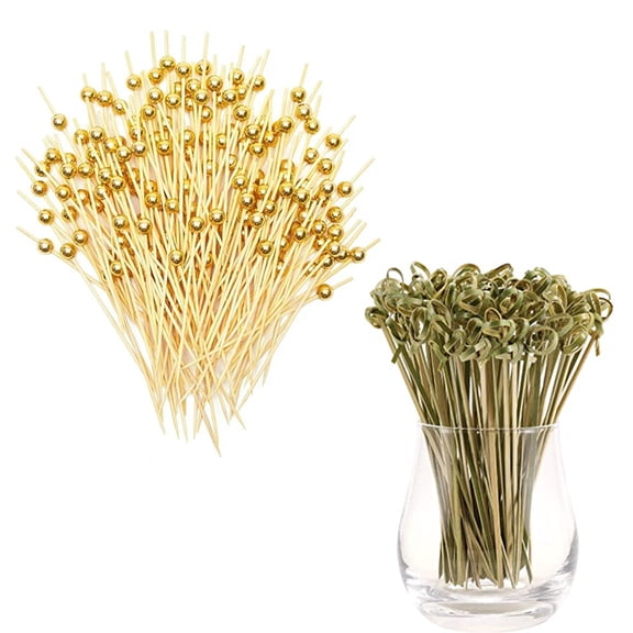HLONK 300 PCS Cocktail Picks, 4.7 Inch Toothpicks for Appetizers, Natural Bamboo Knot Skewers, Gold Pearl Food Picks, Fancy Tooth Picks for Drinks,Fruit,Charcuterie,Cocktail Garnish Accessories