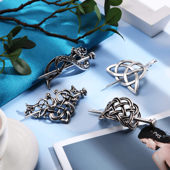 HLONK 4 Pieces Retro Silver Viking Celtic Hair Clips Vintage Metal Hair Slide Barrettes Hair Clips Hair Sticks Hair Accessories for Women Girls