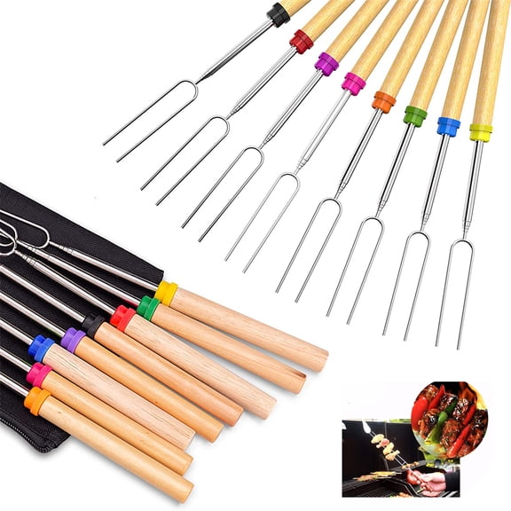 HLONK 8 Pack Roasting Sticks,Marshmallow Sticks Kit Extending Roaster 32 Inch Telescoping Stainless Steel. Smores Skewers & Hot Dog Forks Kids Camping Campfire Fire Pit Accessories