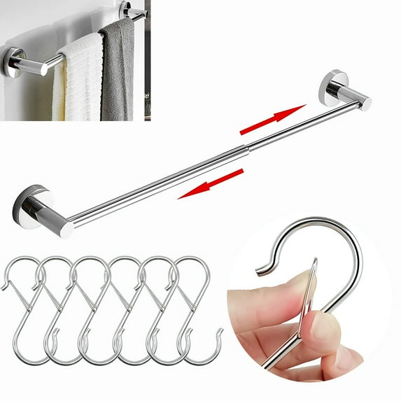 HLONK Adjustable 15 to 28 Inch Single Bath Towel Bar for Bathroom Stainless Steel Towel Holder With 6Pcs Heavy Duty Safety Buckle Design Metal S Shaped Hooks