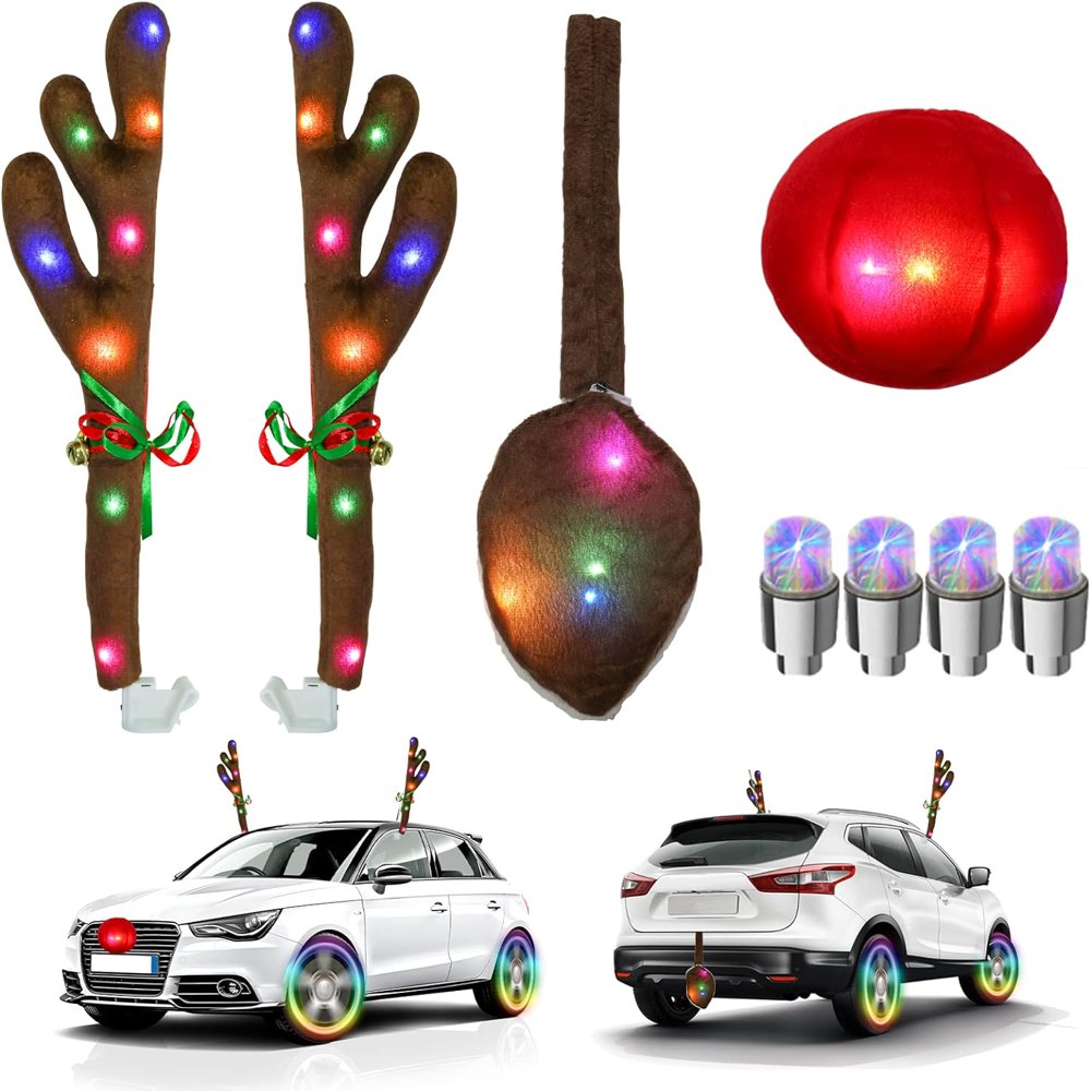 HLONK Christmas Reindeer Antlers Car Kit with Color LED Light Red Nose