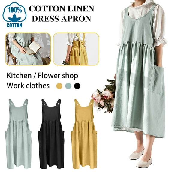 HLONK Cotton Linen Apron Cross Back Adjustable Apron for Women with Pockets Cute Pinafore Dress for Baking Chef Gardening Without Waist Ties Green